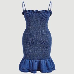 Ruffle Hem Shirred Cami Denim Dress